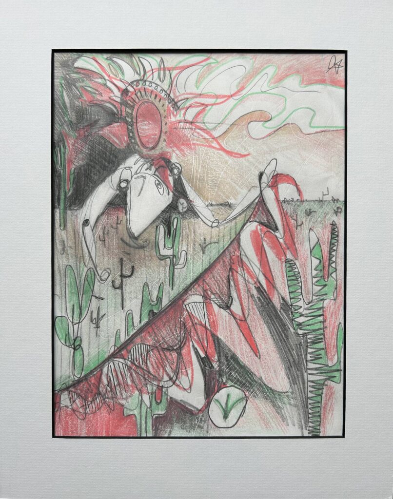 Female Cyborg in Desert, Holding Red Garment